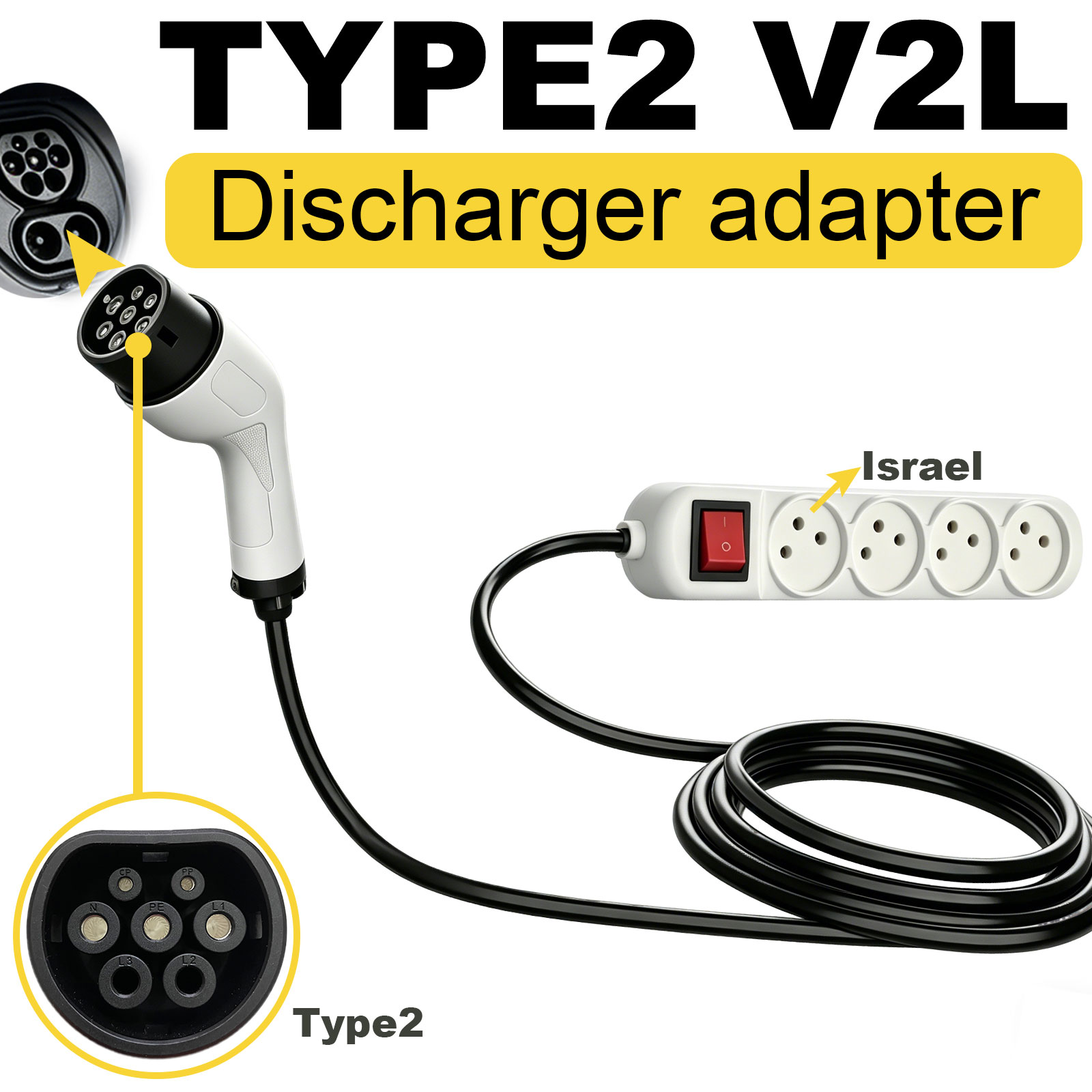 Outdoor Power Adapter - Type2 V2L-ontladingsadapter Israëlische stekker EV naar